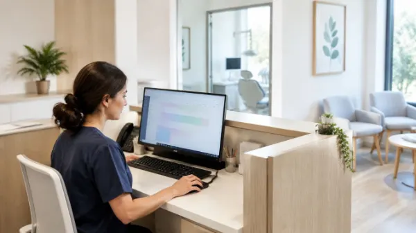Recepción de una clínica dental con una recepcionista revisando citas