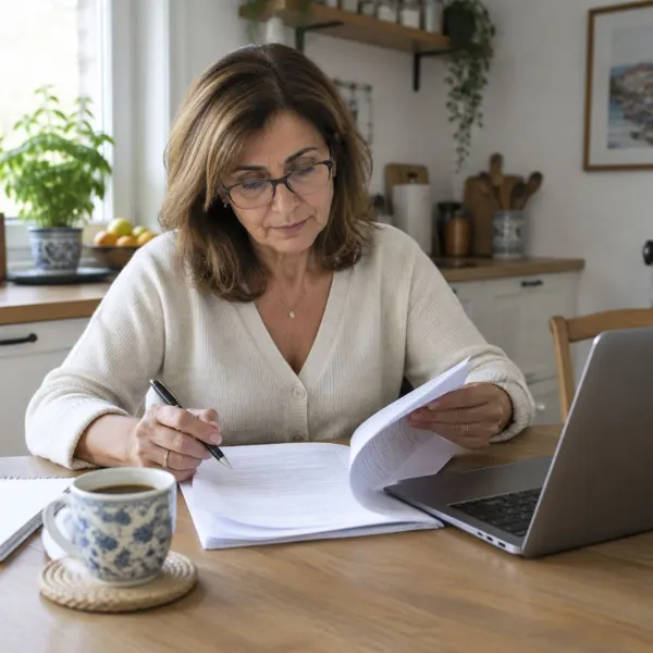 Dueña de un negocio revisando un contrato impreso junto al portátil