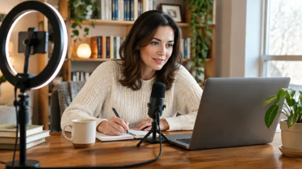 Formadora online trabajando en su escritorio con el portátil