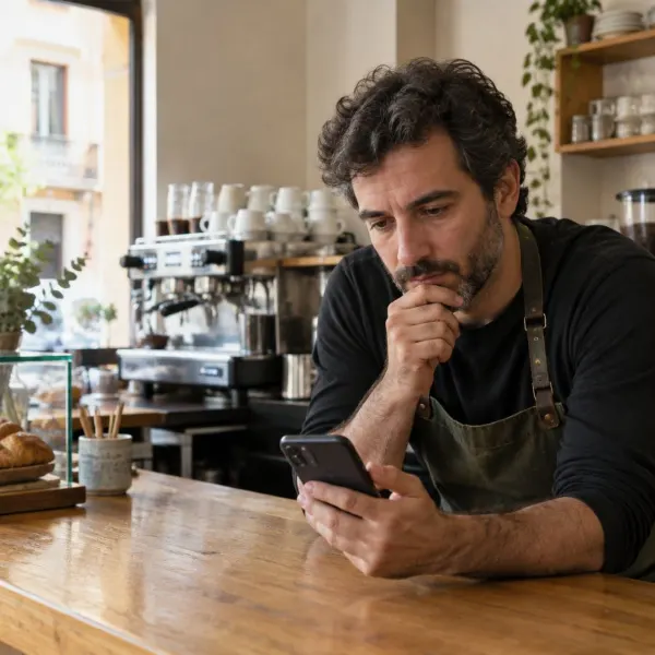 Dueño de una cafetería leyendo reseñas de clientes en el móvil