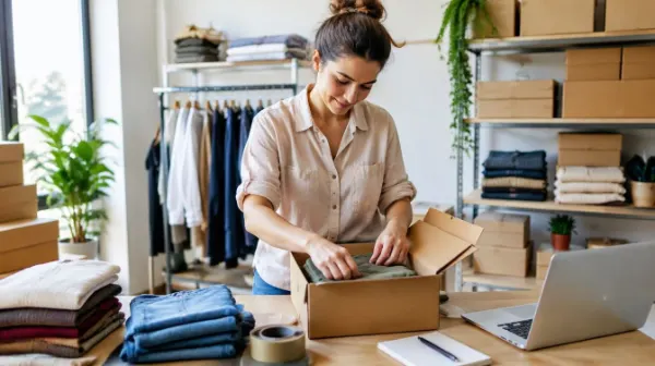 Dueña de una tienda online preparando pedidos con el portátil al lado